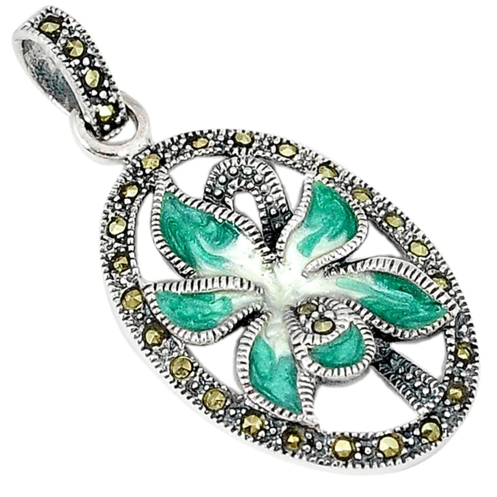 Fine marcasite enamel 925 sterling silver flower pendant jewelry a29858