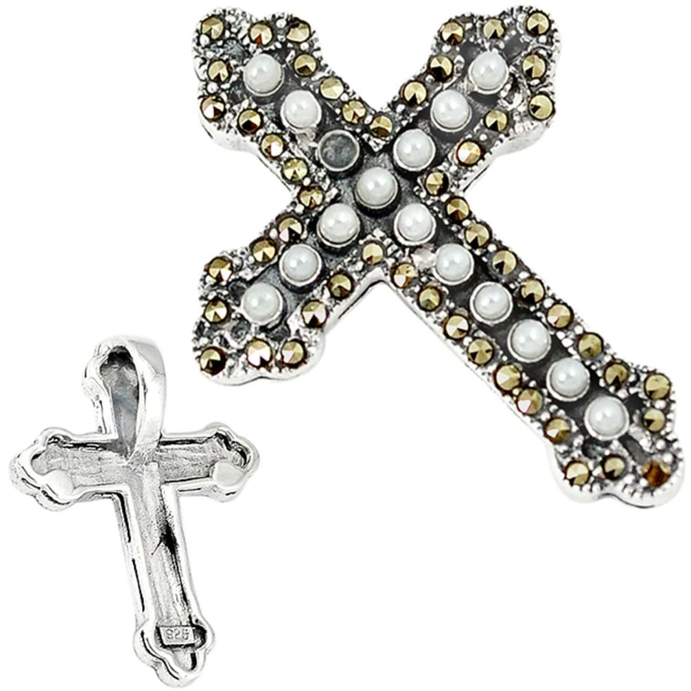 Natural white pearl marcasite 925 silver holy cross pendant jewelry a29877