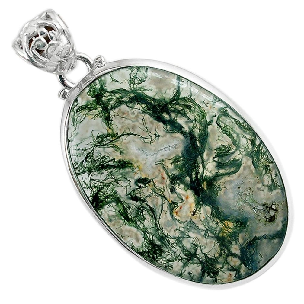 Natural green moss agate oval 925 sterling silver pendant jewelry a30748