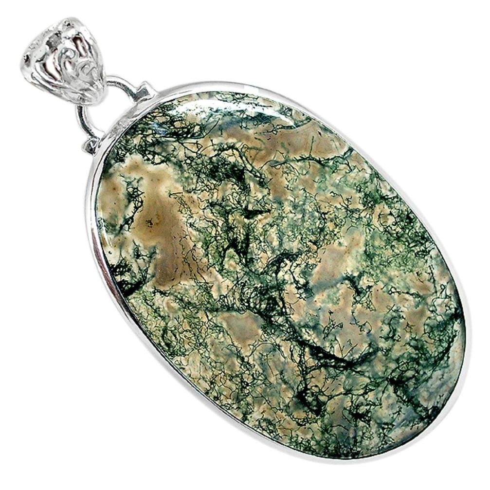 Natural green moss agate oval 925 sterling silver pendant jewelry a30750