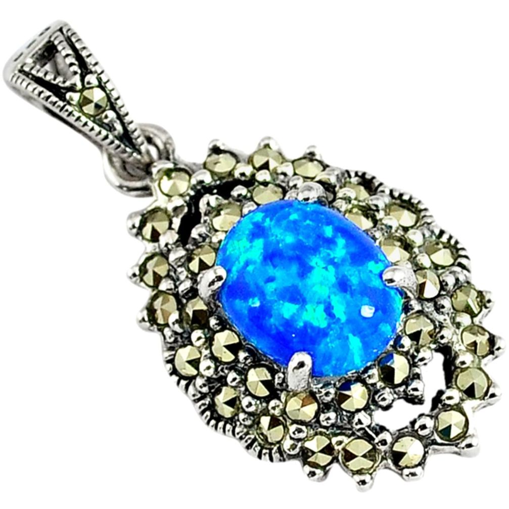 Blue australian opal (lab) marcasite 925 sterling silver pendant jewelry a30881