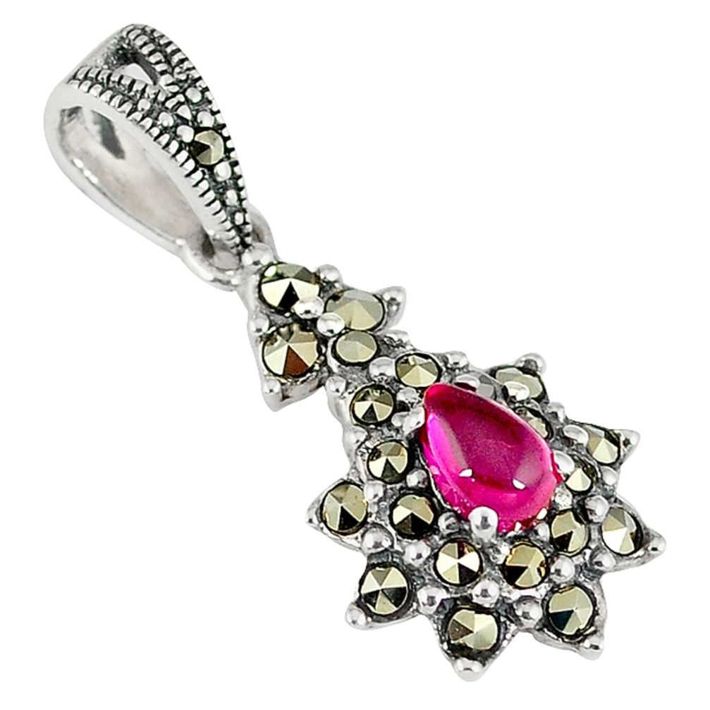 Red ruby quartz fine marcasite 925 sterling silver pendant jewelry a31017