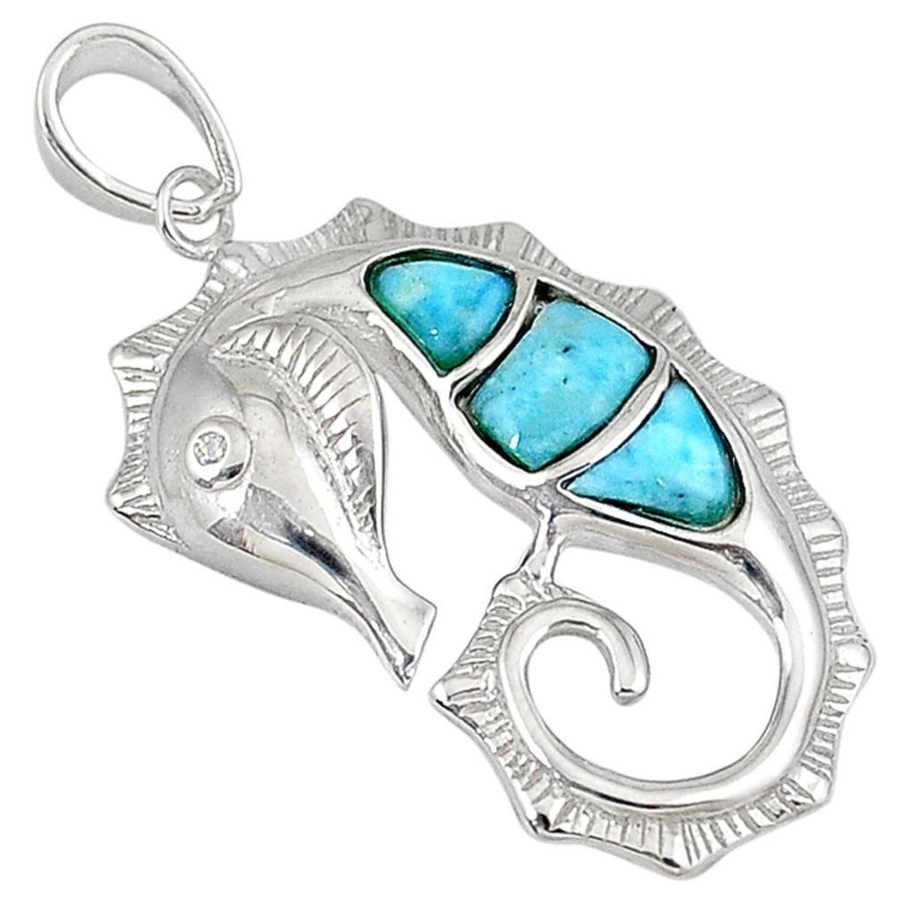 Natural blue larimar white topaz 925 sterling silver seahorse pendant a32780