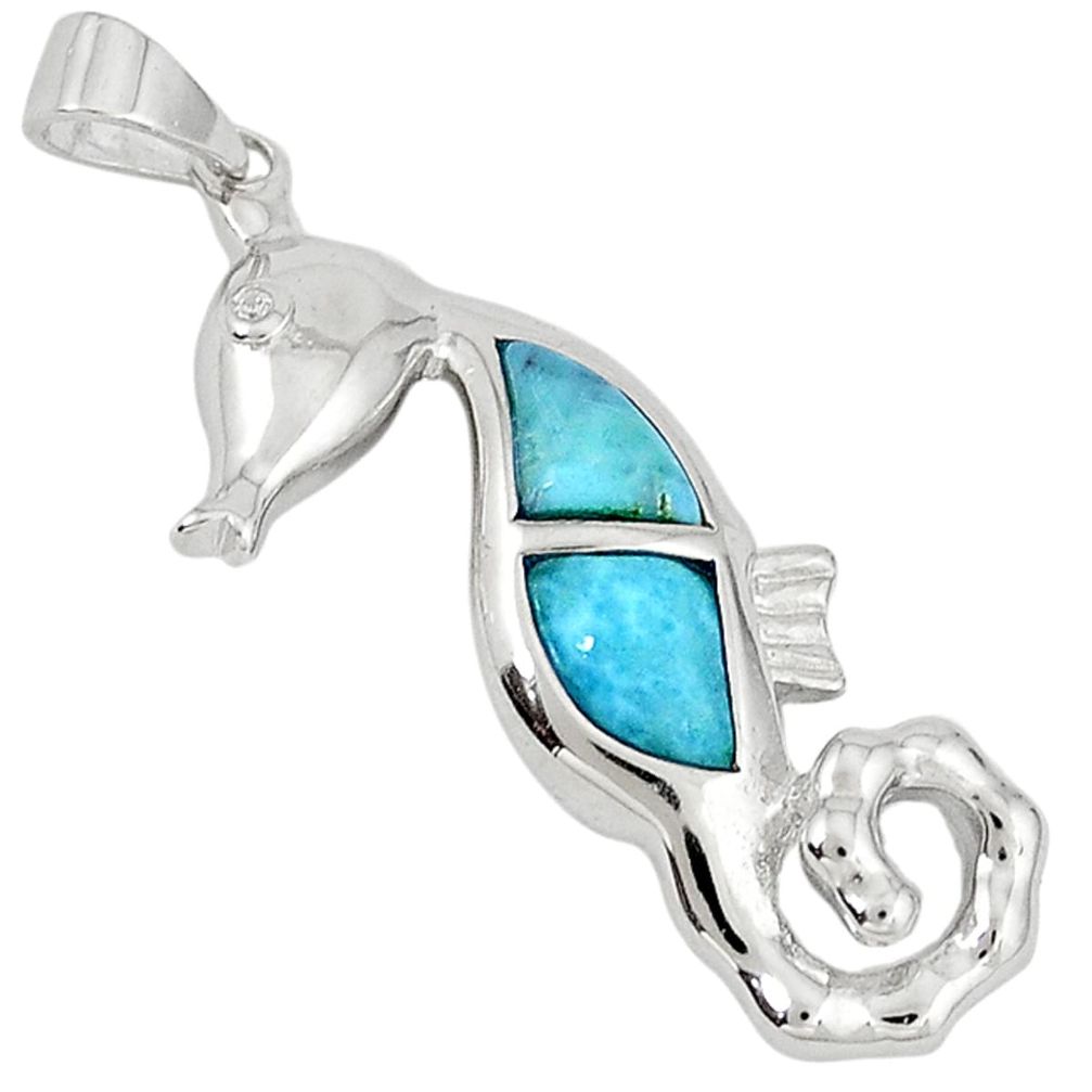 Natural blue larimar white topaz 925 sterling silver seahorse pendant a32809