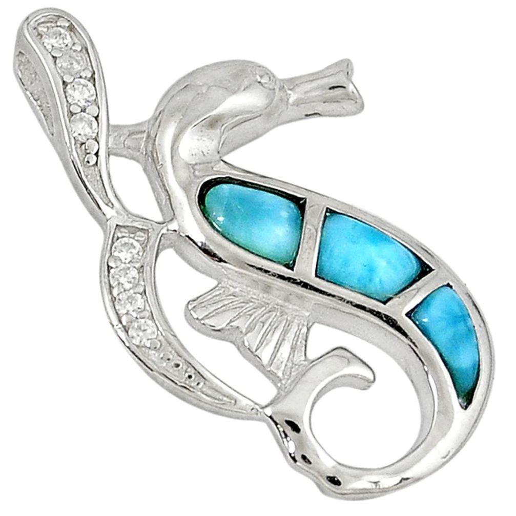 Natural blue larimar fancy topaz 925 sterling silver seahorse pendant a32813