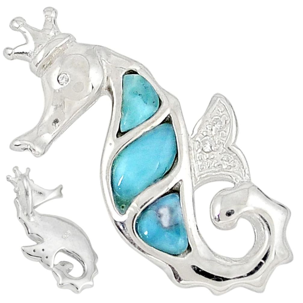 Natural blue larimar white topaz 925 sterling silver seahorse pendant a32872