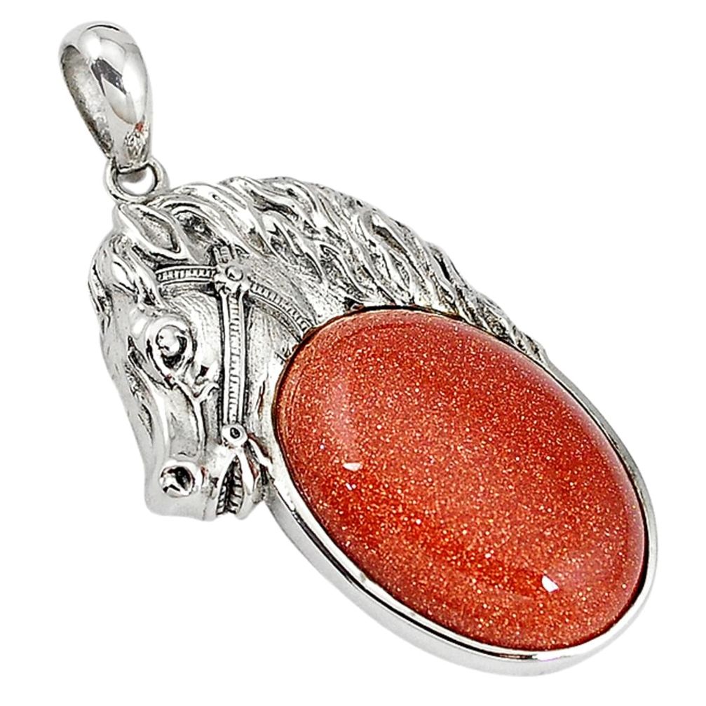 Natural brown goldstone oval shape 925 sterling silver horse pendant a33821