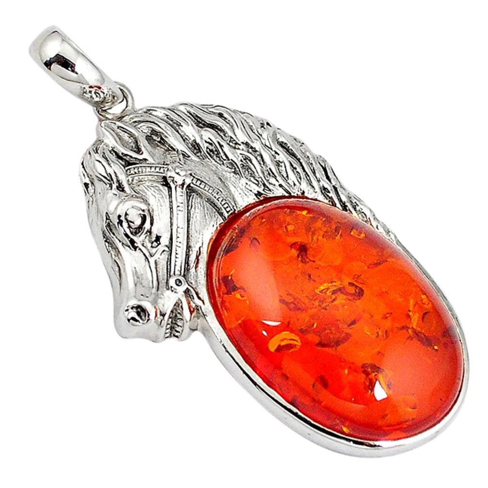 Orange amber oval shape 925 sterling silver horse pendant jewelry a33837