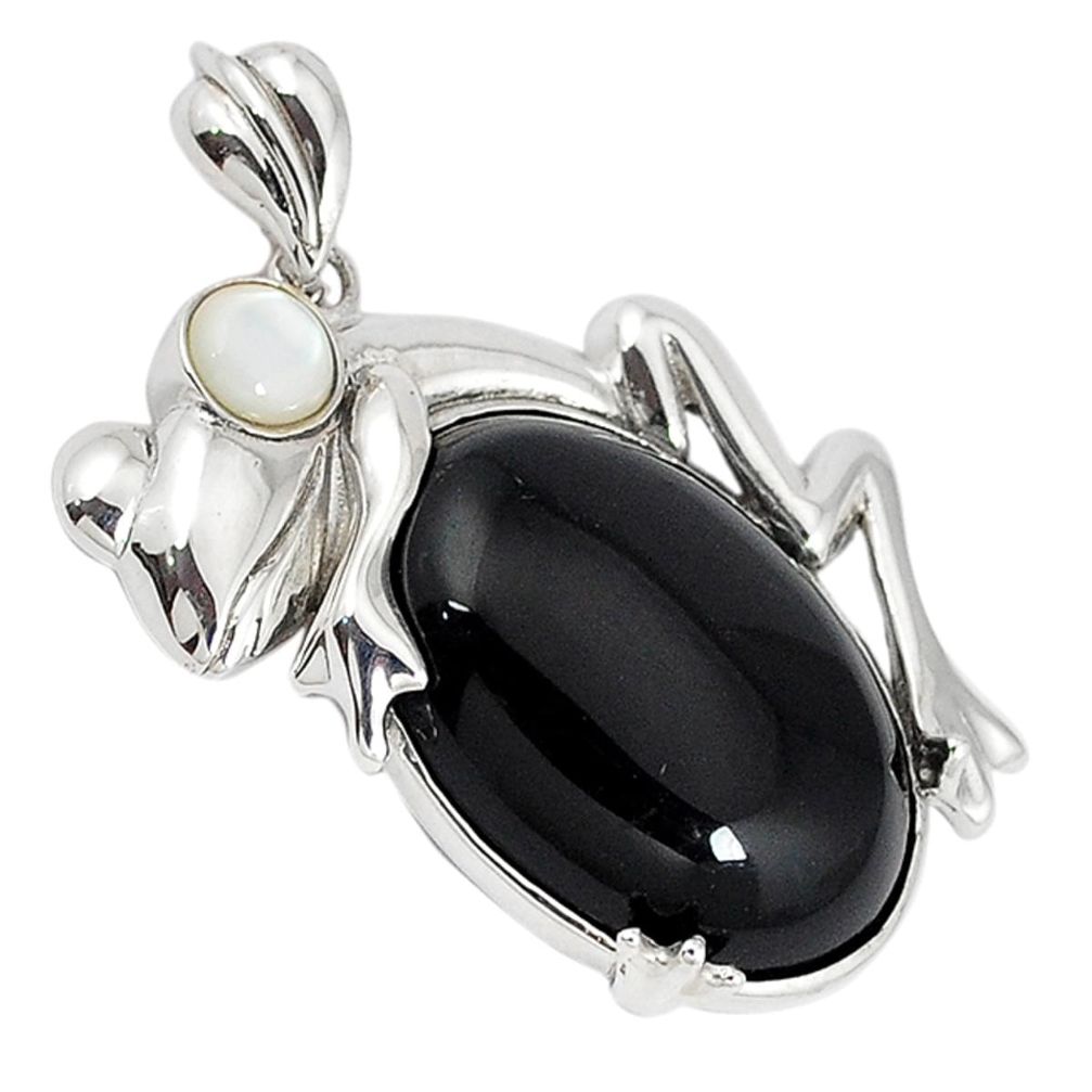 Natural black onyx white pearl 925 sterling silver frog pendant jewelry a33861