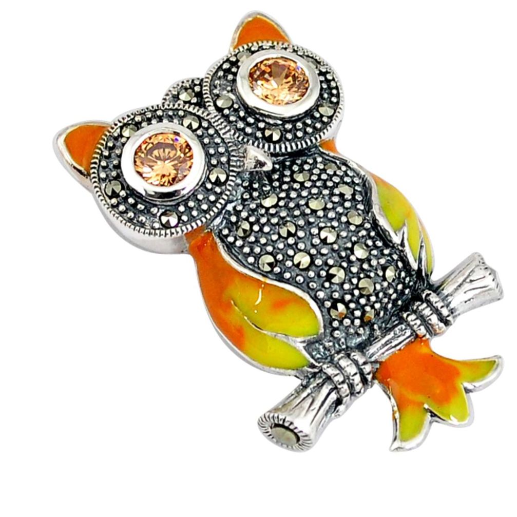 Natural orange topaz marcasite enamel 925 silver owl pendant jewelry a34119