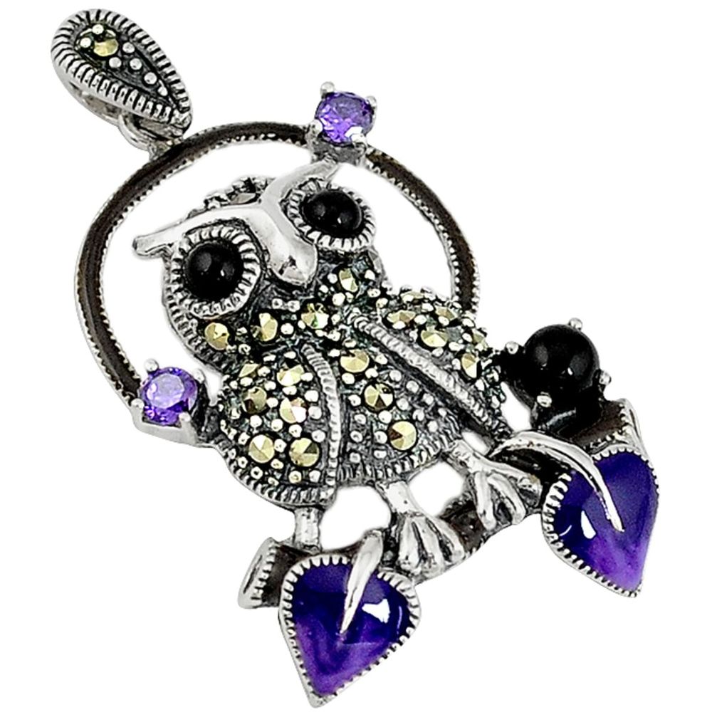 Natural black onyx amethyst enamel 925 sterling silver owl pendant a34214