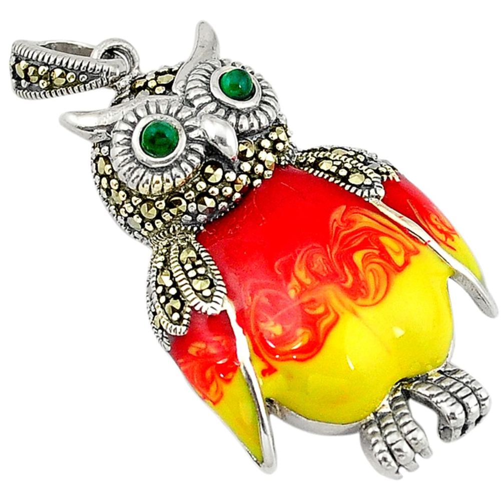 Natural green chalcedony marcasite enamel 925 sterling silver owl pendant a34230