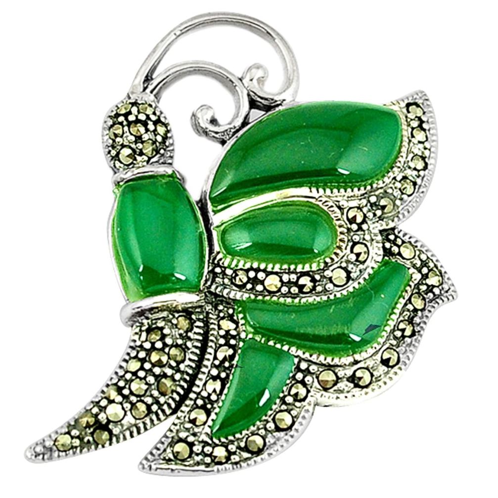 Natural green chalcedony fine marcasite 925 silver butterfly pendant a34279