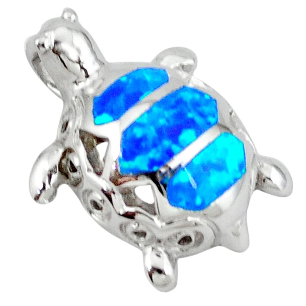 925 sterling silver blue australian opal (lab) turtle pendant jewelry a36666