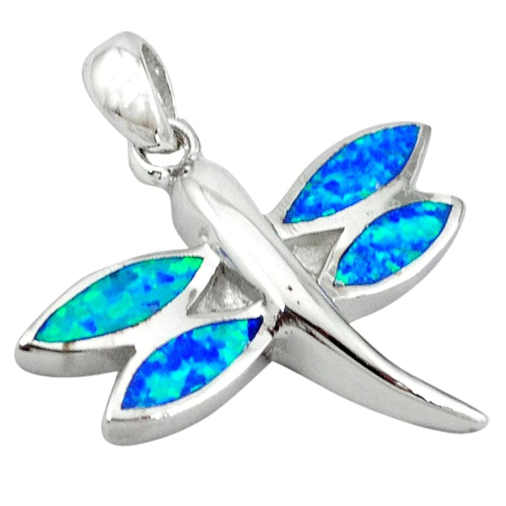 925 sterling silver blue australian opal (lab) dragonfly pendant jewelry a36680