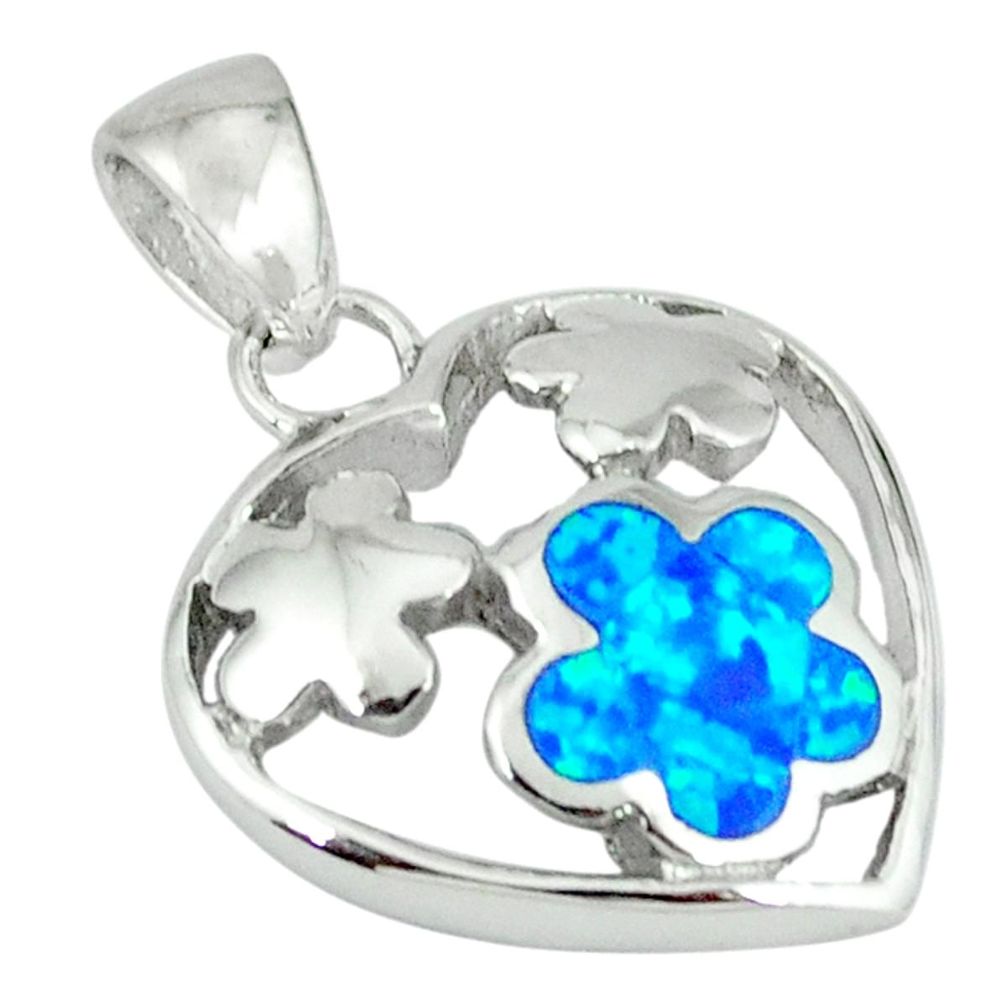 Blue australian opal (lab) 925 sterling silver heart with flower pendant a36743