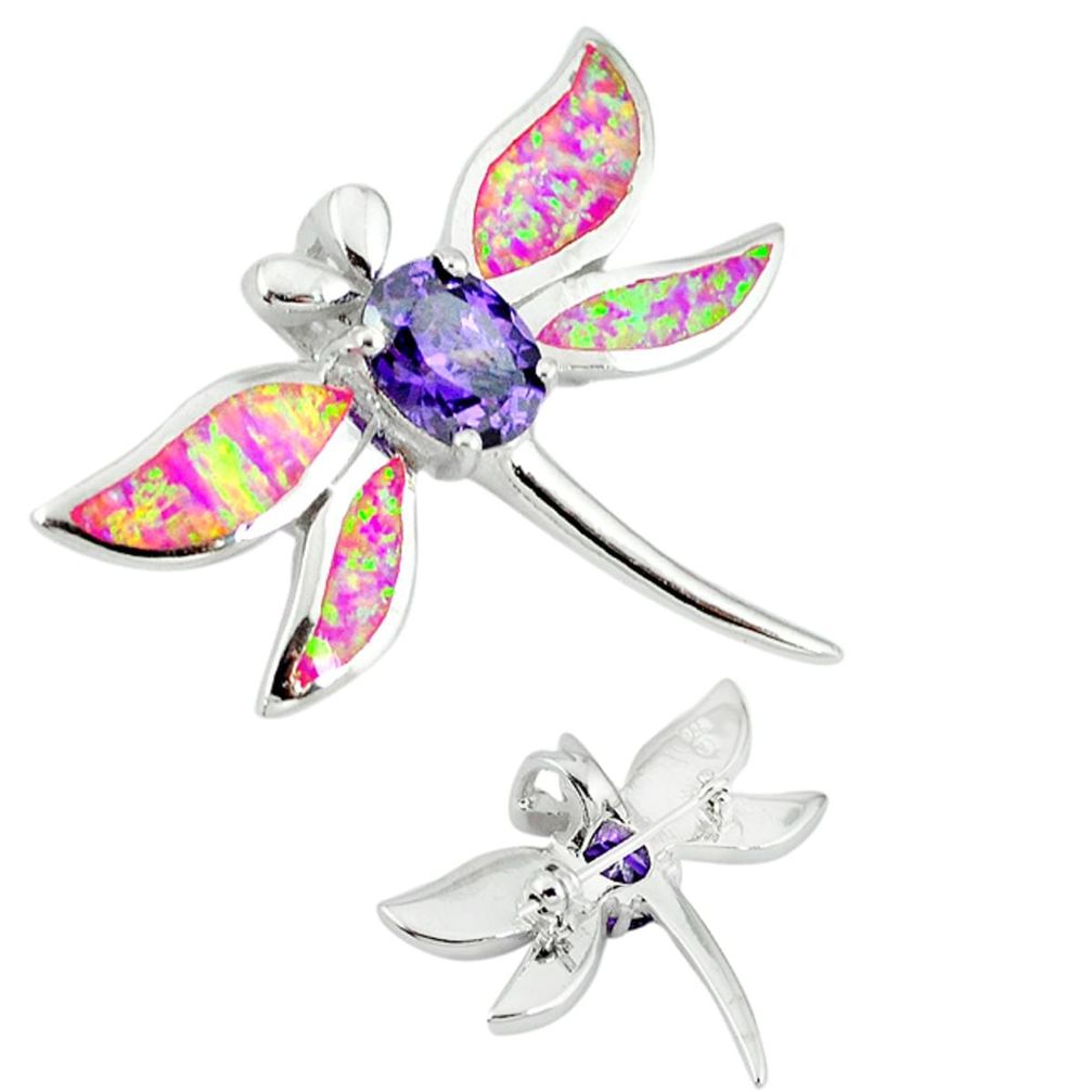 925 silver pink australian opal (lab) dragonfly brooch pendant jewelry a36760