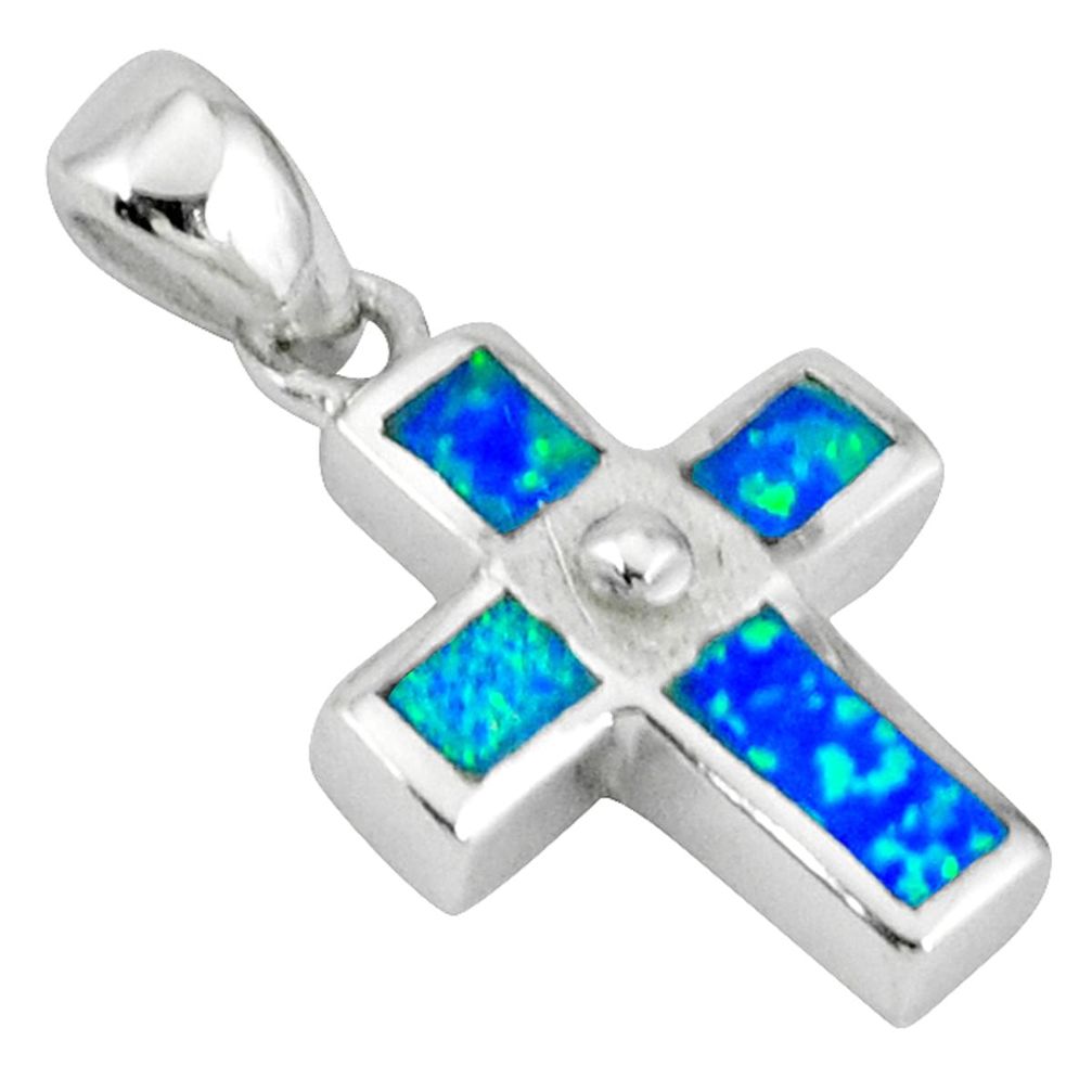 Blue australian opal (lab) 925 sterling silver holy cross pendant a36793