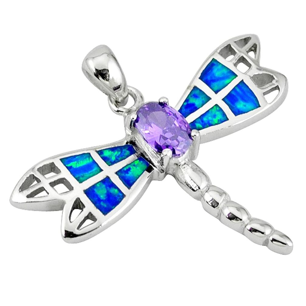 Blue australian opal (lab) amethyst 925 silver dragonfly pendant a36798