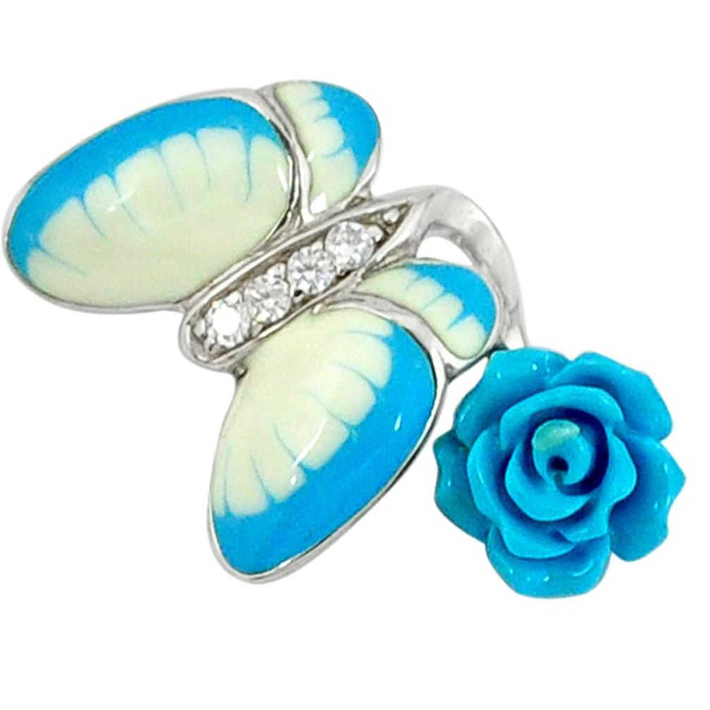 Natural white topaz enamel 925 silver butterfly with flower pendant a36866