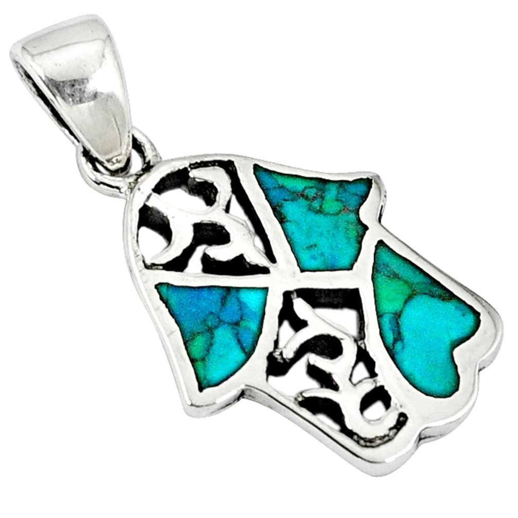 Fine green turquoise enamel 925 silver hand of god hamsa pendant a38391