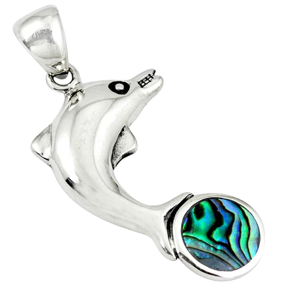 Green abalone paua seashell enamel 925 silver dolphin pendant a38468