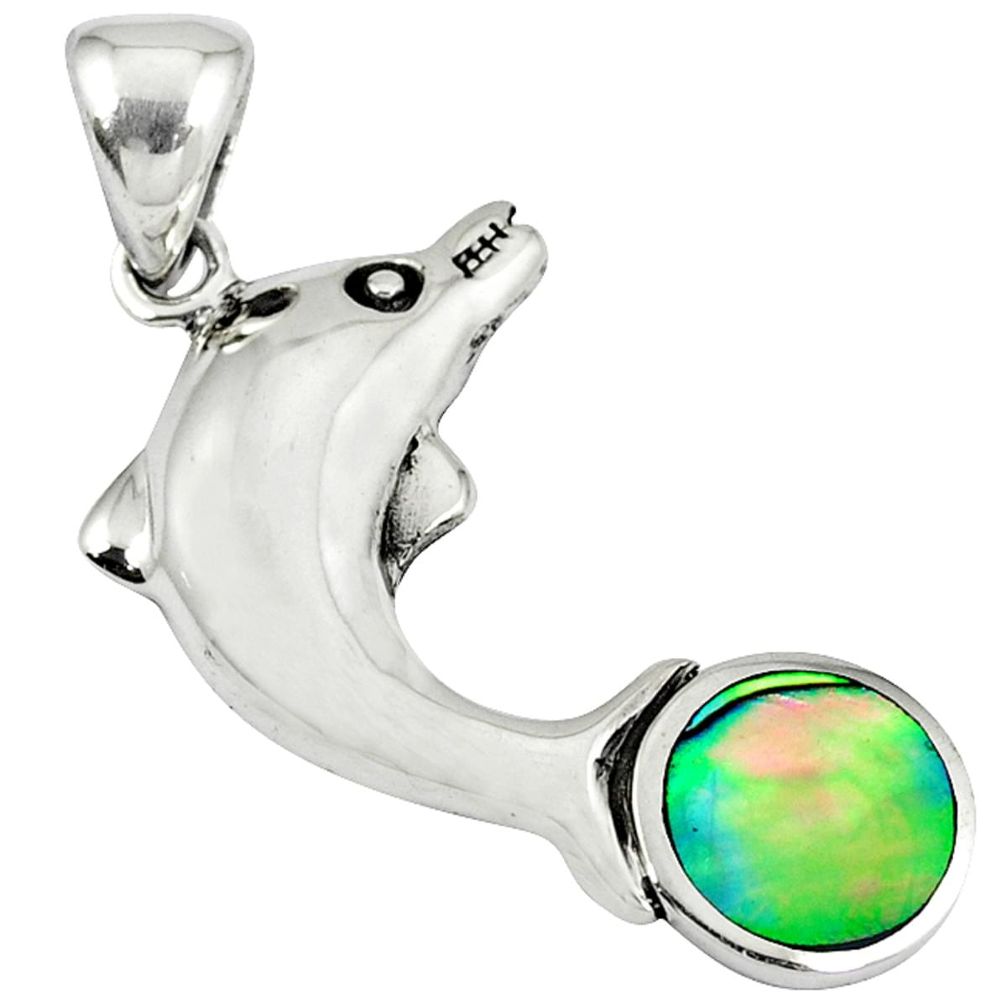 Green abalone paua seashell enamel 925 silver dolphin pendant a38486