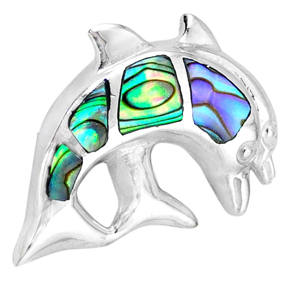 Green abalone paua seashell enamel 925 silver dolphin pendant jewelry a38510