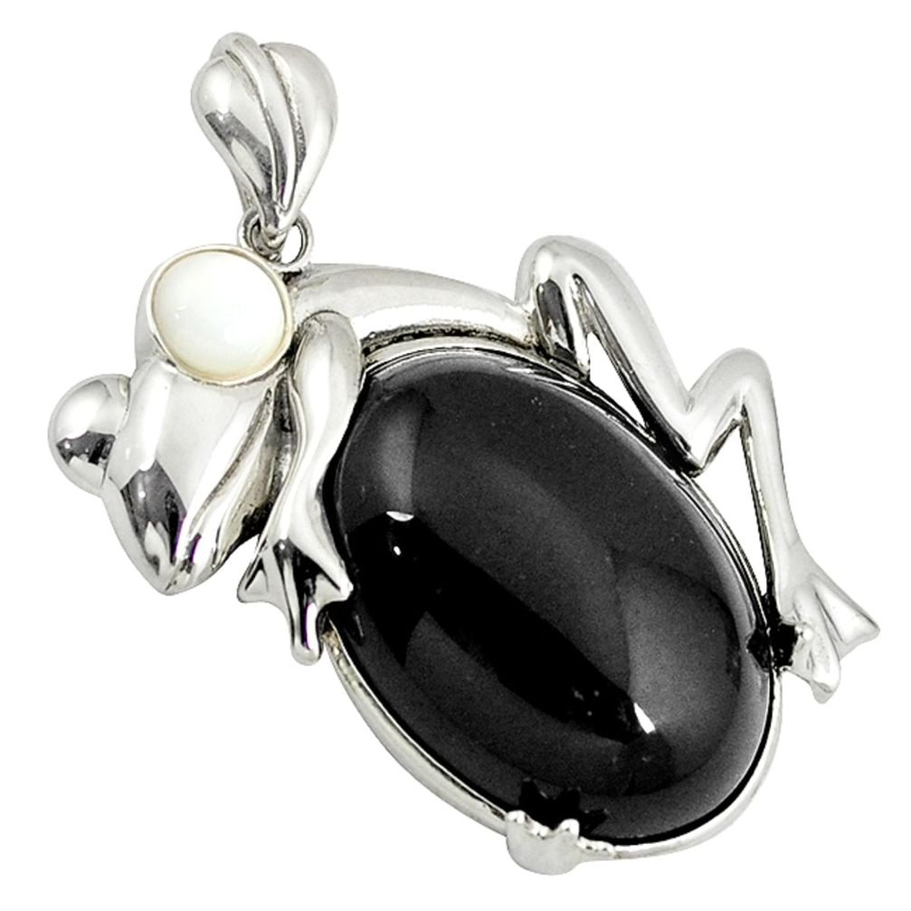 Natural black onyx pearl 925 sterling silver frog pendant jewelry a38945
