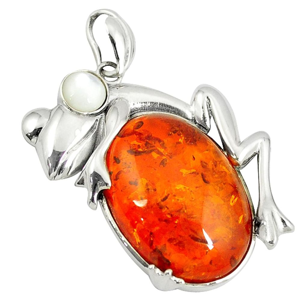 Orange amber pearl round 925 sterling silver frog pendant jewelry a38949