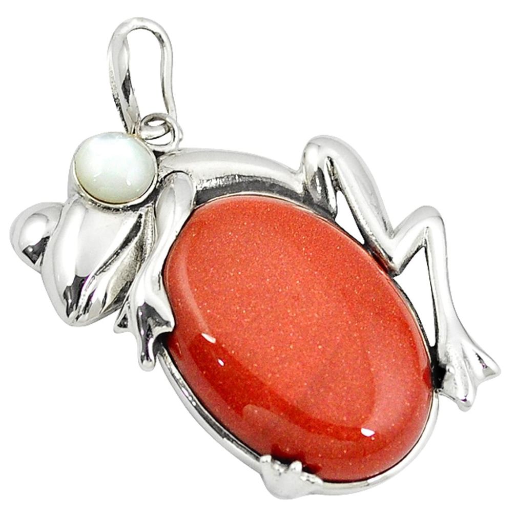 Natural brown goldstone pearl 925 sterling silver frog pendant a38955