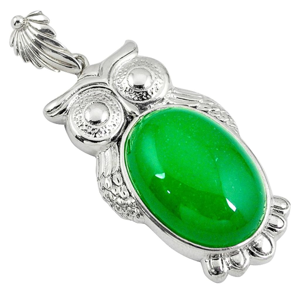 Green jade oval 925 sterling silver owl pendant jewelry a39005