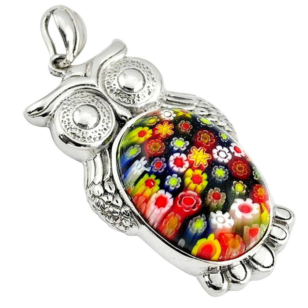 Multi color italian murano glass 925 sterling silver owl pendant a39018