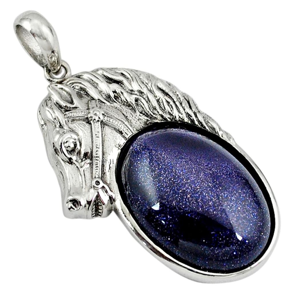 Natural blue goldstone oval 925 sterling silver horse pendant jewelry a39023