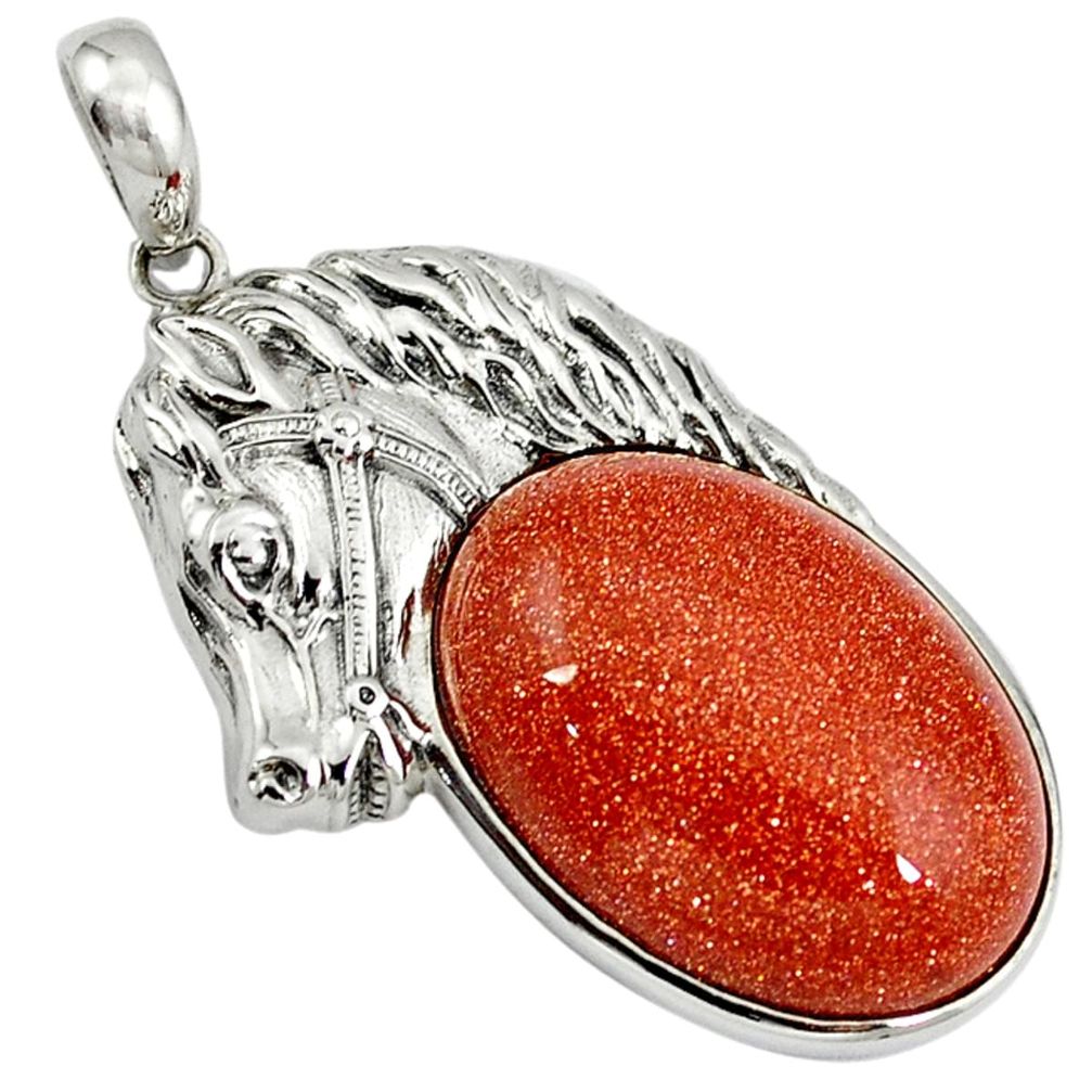 Natural brown goldstone 925 sterling silver horse pendant jewelry a39029