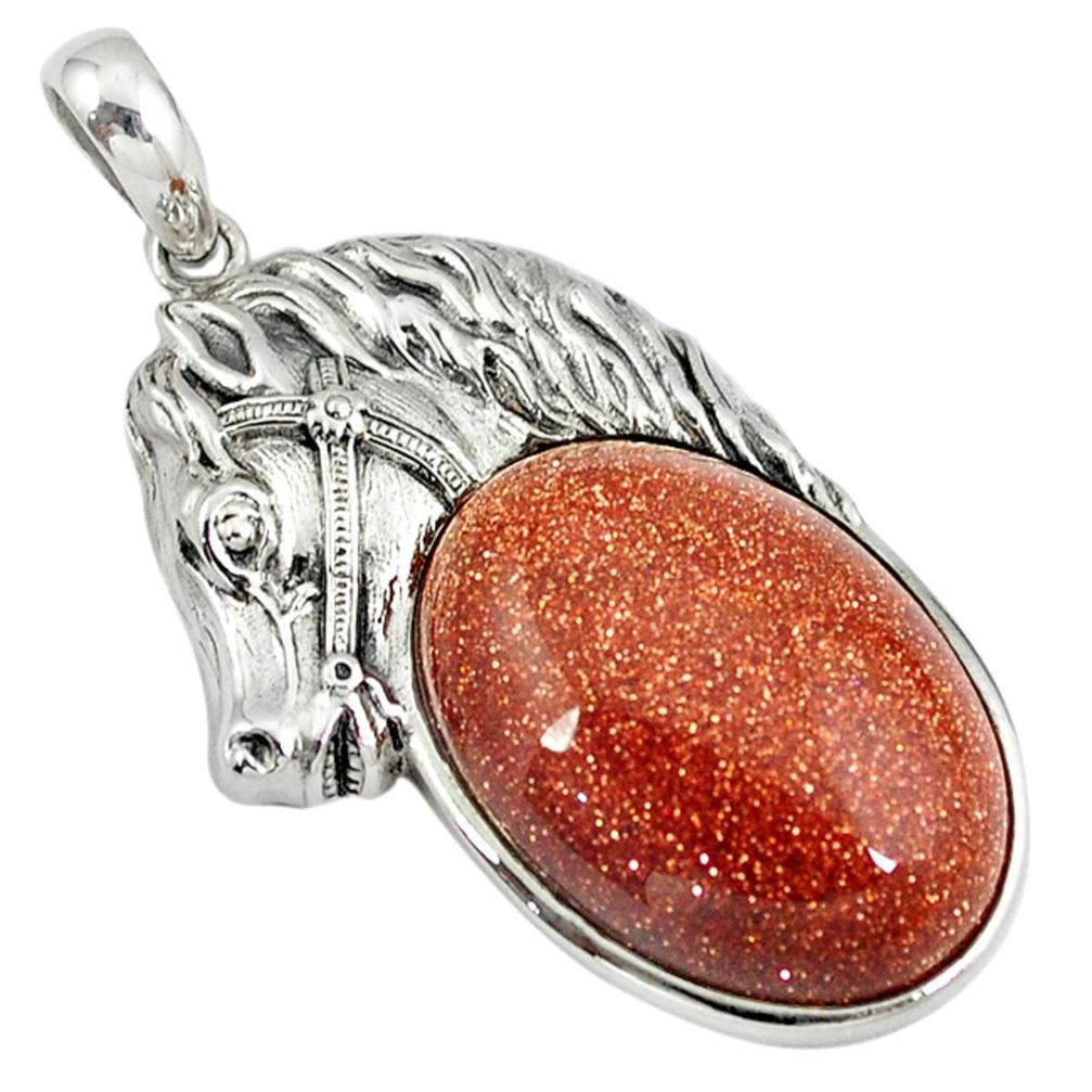 Natural brown goldstone 925 sterling silver horse pendant a39032