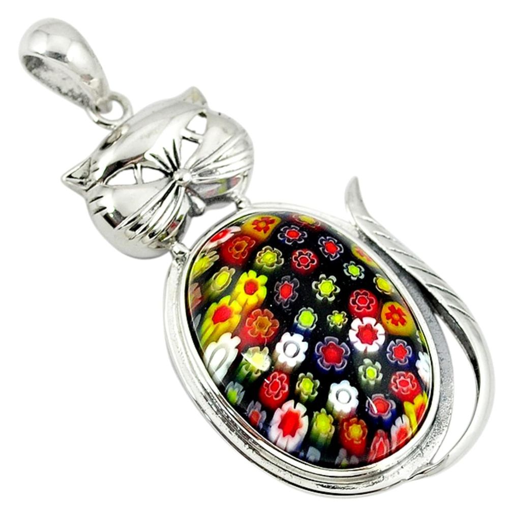 Multi color italian murano glass 925 sterling silver cat pendant a39086