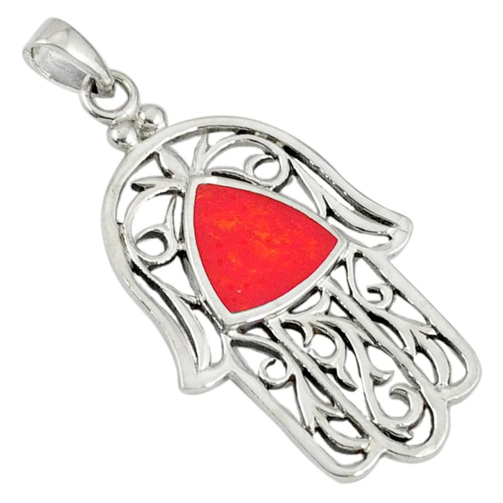 Red coral enamel 925 sterling silver hand of god hamsa pendant a40083