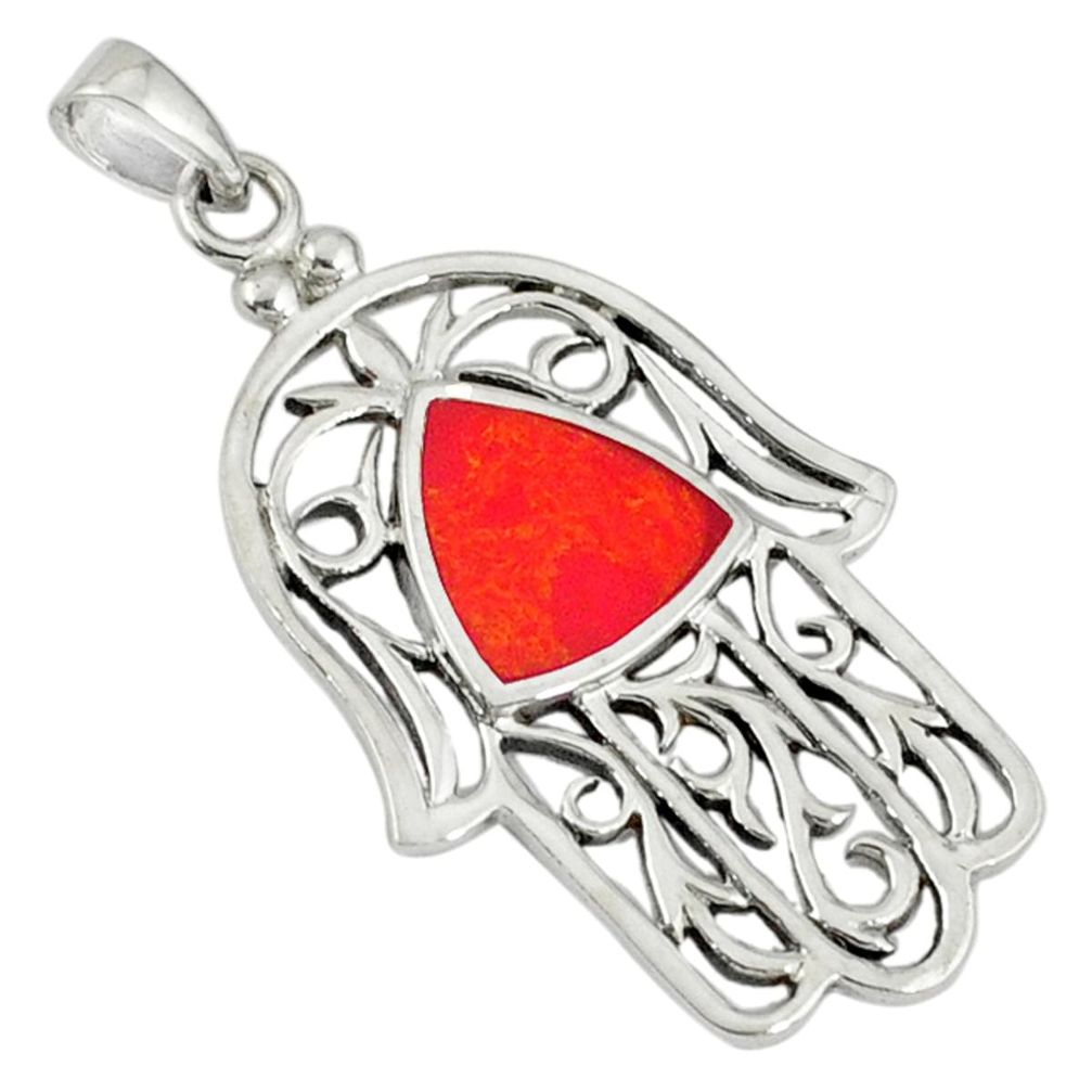 Red coral enamel 925 sterling silver hand of god hamsa pendant a40092