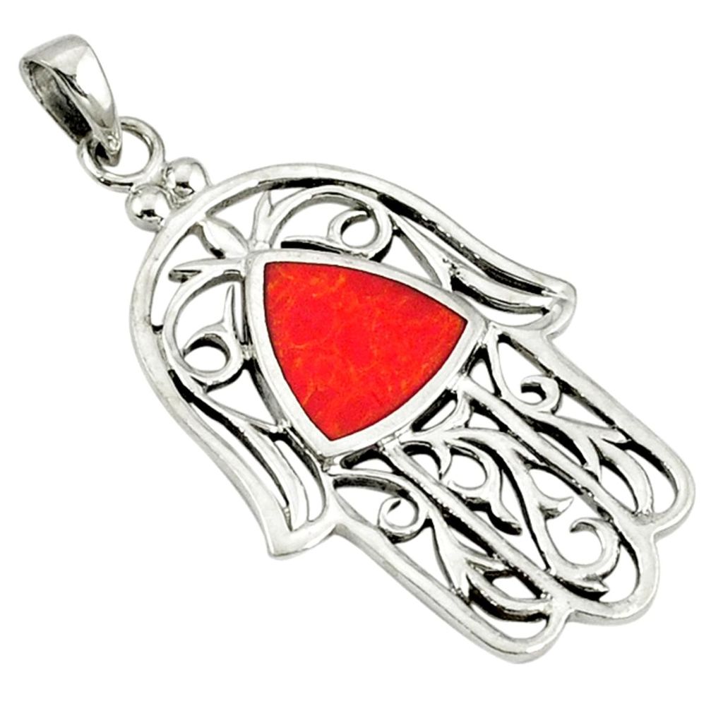 925 sterling silver red coral enamel hand of god hamsa pendant a40111