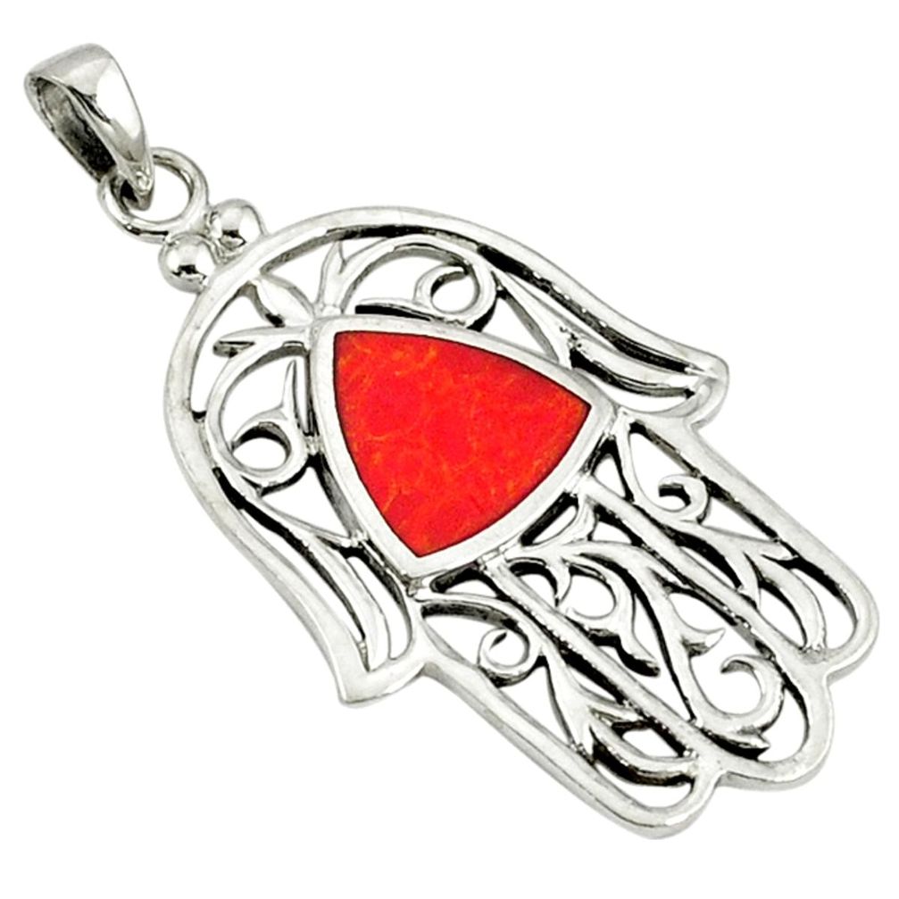 Red coral enamel 925 sterling silver hand of god hamsa pendant a40115