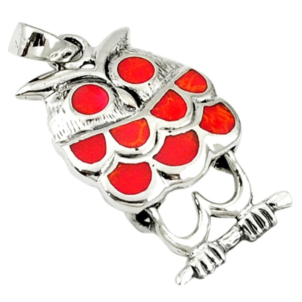 Red coral enamel 925 sterling silver owl pendant jewelry a40117