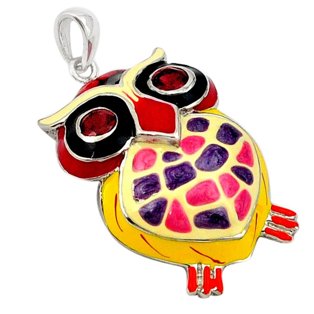 925 sterling silver natural red garnet enamel owl pendant jewelry a40906