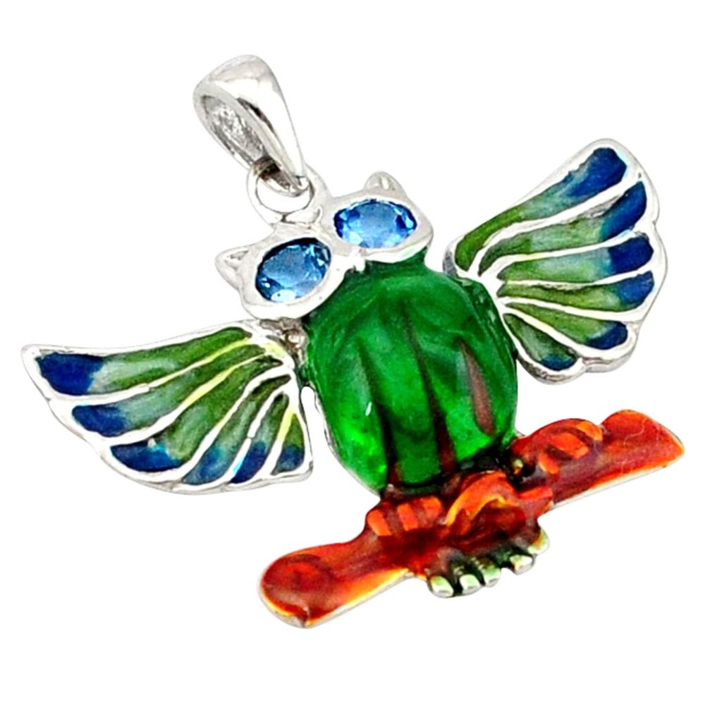 Natural blue topaz enamel 925 sterling silver owl pendant jewelry a40923