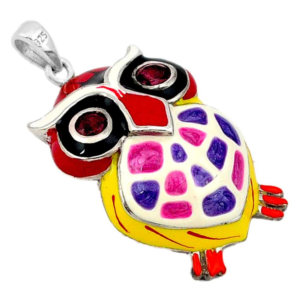 Natural red garnet enamel 925 sterling silver owl pendant jewelry a40972