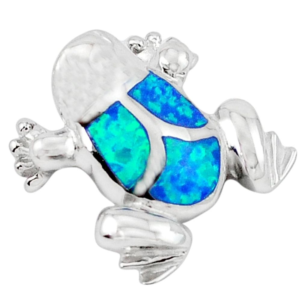 925 sterling silver blue australian opal (lab) enamel frog pendant a41011