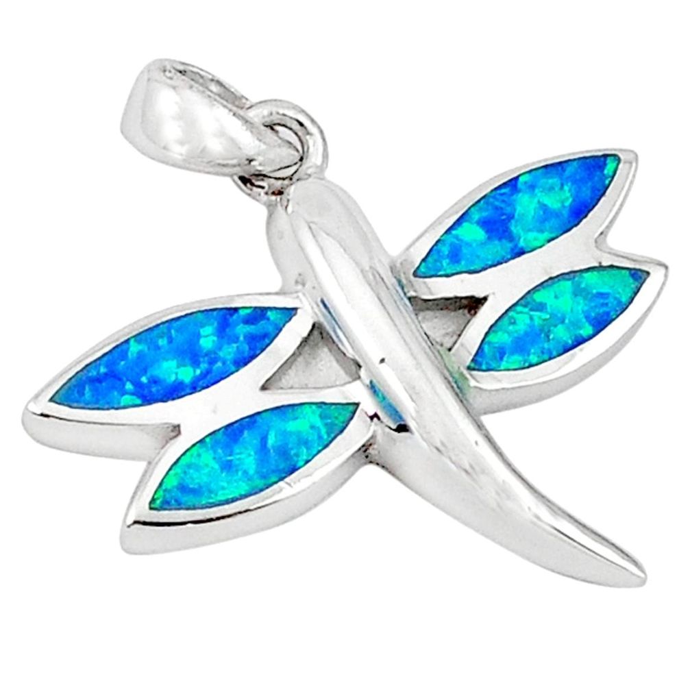 Blue australian opal (lab) enamel 925 silver dragonfly pendant jewelry a41030