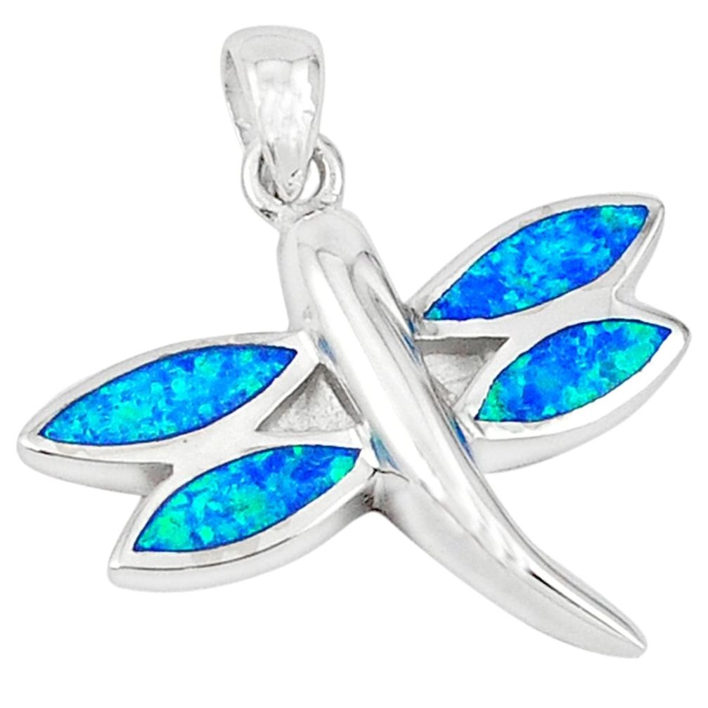 Blue australian opal (lab) enamel 925 silver dragonfly pendant jewelry a41032