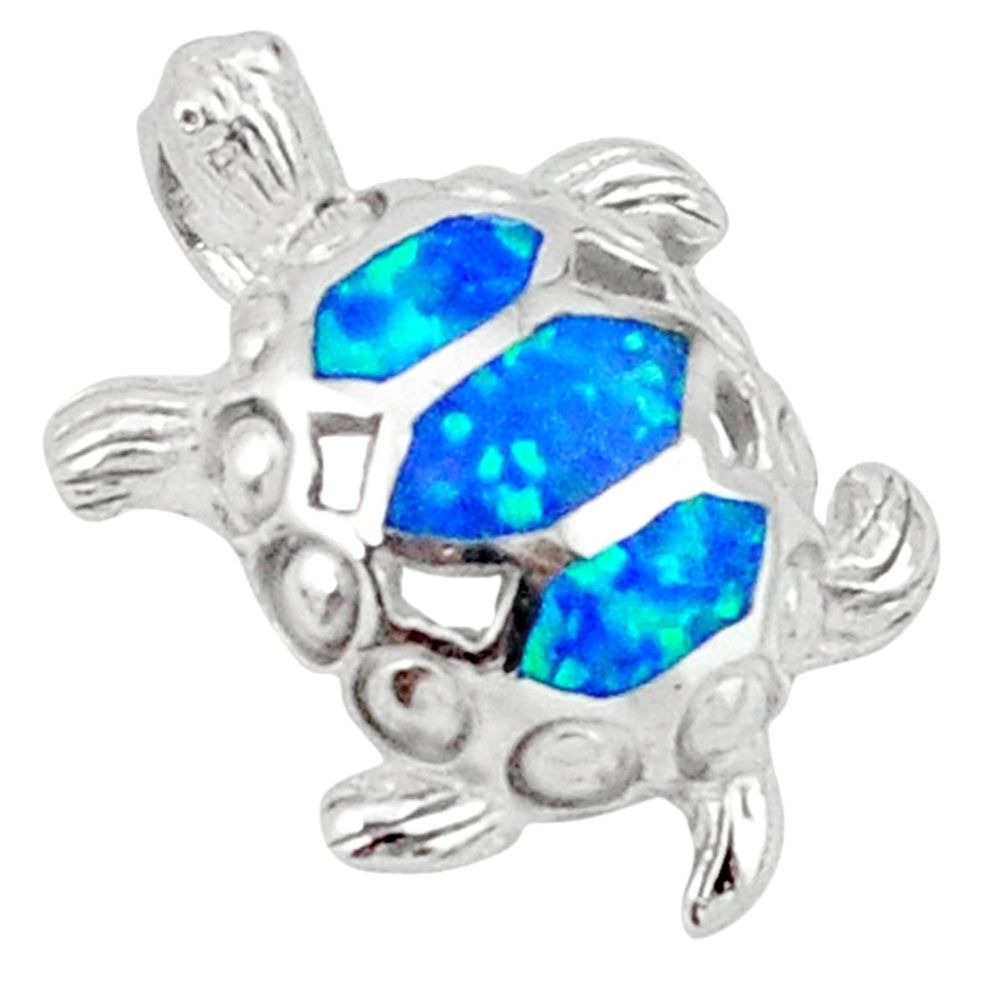 Blue australian opal (lab) enamel 925 silver turtle pendant jewelry a41036