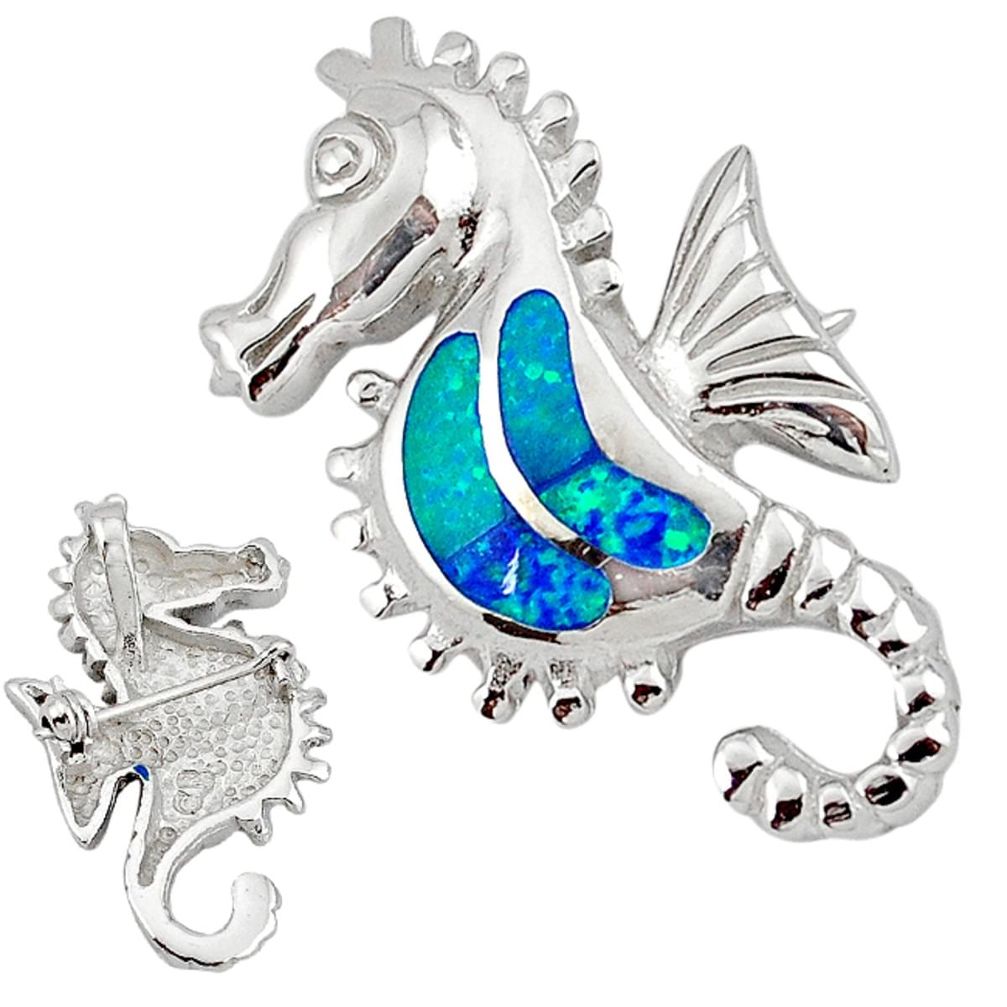 Blue australian opal (lab) enamel 925 silver seahorse pendant a41038